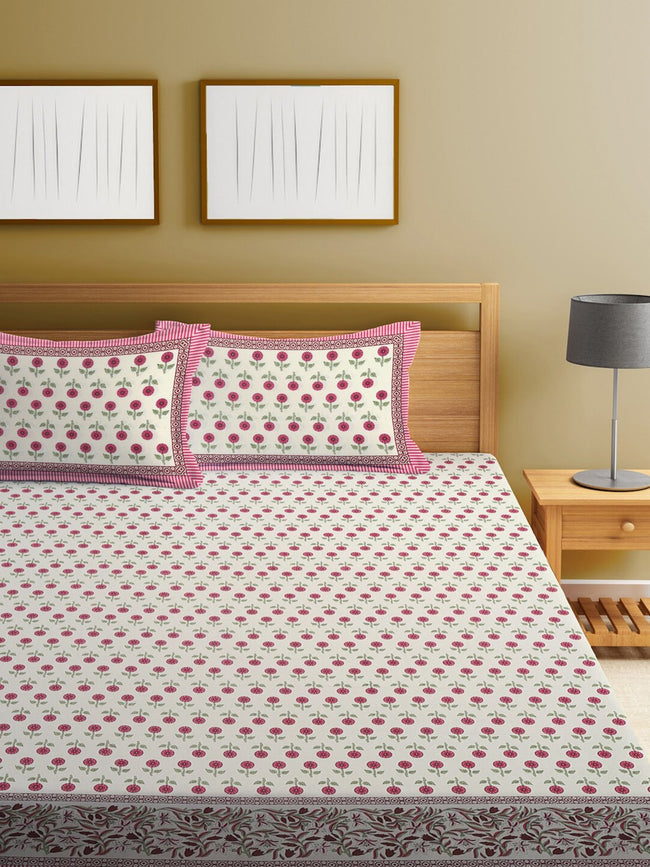 Rajasthan Decor White & Pink Ethnic Motifs 144 TC King Bedsheet with 2 Pillow Covers Main Image