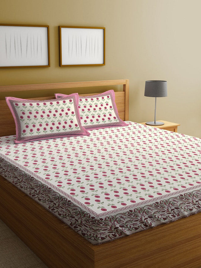 Rajasthan Decor White & Pink Ethnic Motifs 144 TC King Bedsheet with 2 Pillow Covers Hover Image