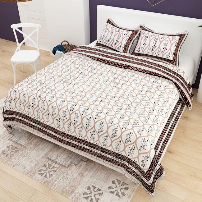 Pink White Ethnic Motifs Cotton 200TC King Bedsheet With 2 Zipper Pillow Covers - King Size by House of Ree Main Image