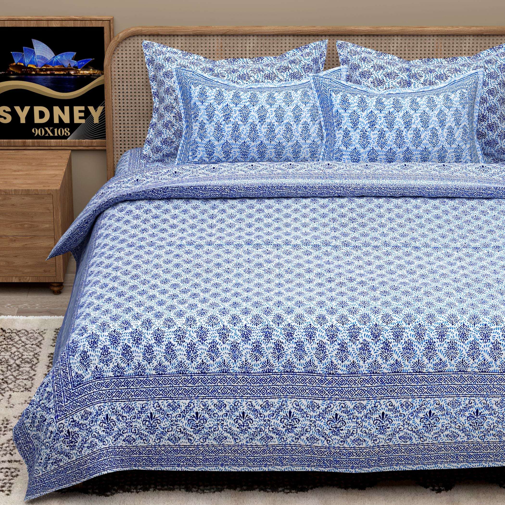 White Blue Ethnic Motifs Cotton 200TC King Bedsheet With 2 Zipper Pillow Covers - King Size by House of Ree