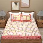 Red Yellow Ethnic Motifs Cotton 300TC King Bedsheet With 2 Zipper Pillow Covers - Super King Size by House of Ree