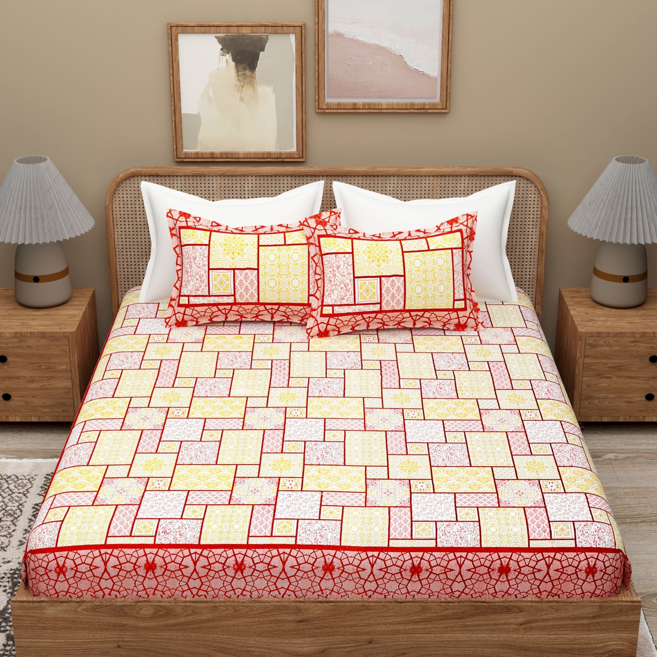 Red Yellow Ethnic Motifs Cotton 300TC King Bedsheet With 2 Zipper Pillow Covers - Super King Size by House of Ree