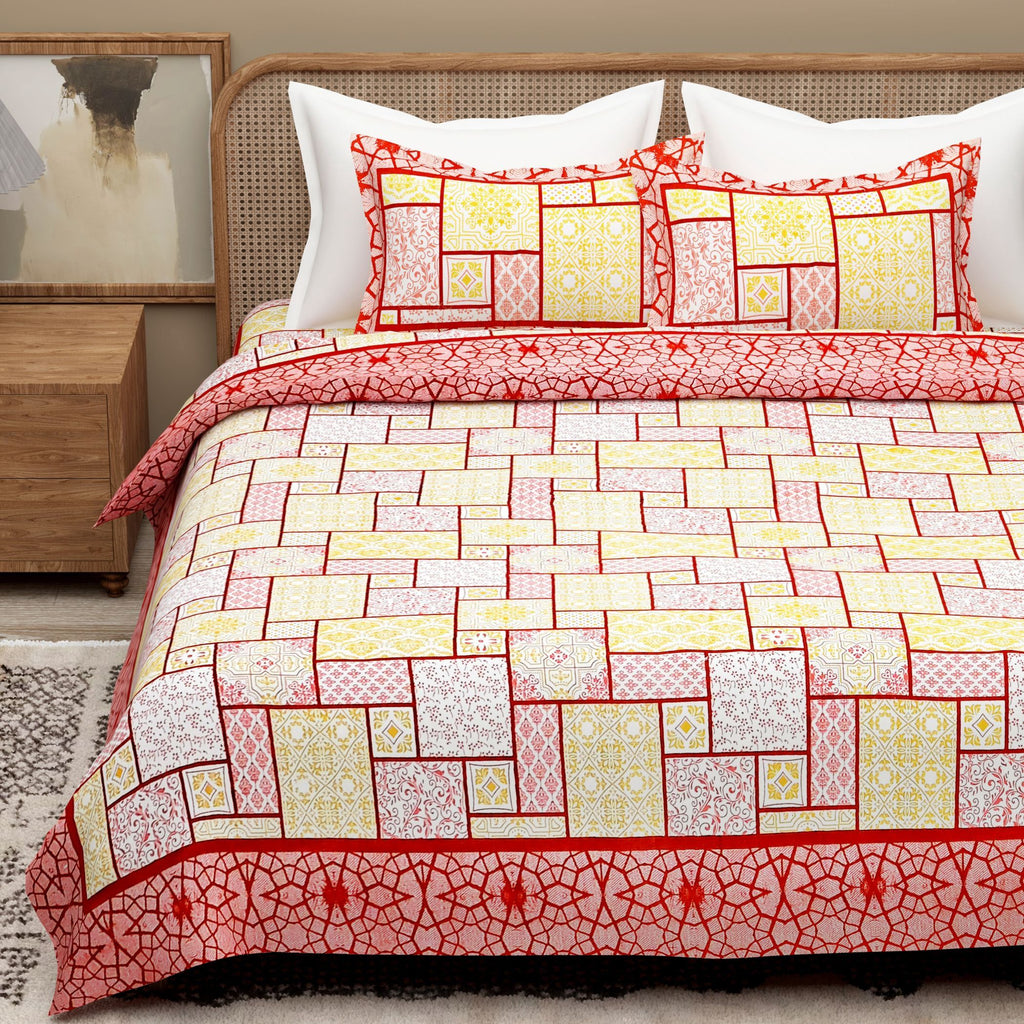 Red Yellow Ethnic Motifs Cotton 300TC King Bedsheet With 2 Zipper Pillow Covers - Super King Size by House of Ree