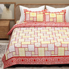Red Yellow Ethnic Motifs Cotton 300TC King Bedsheet With 2 Zipper Pillow Covers - Super King Size by House of Ree