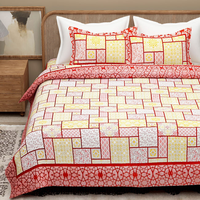 Red Yellow Ethnic Motifs Cotton 300TC King Bedsheet With 2 Zipper Pillow Covers - Super King Size by House of Ree Main Image