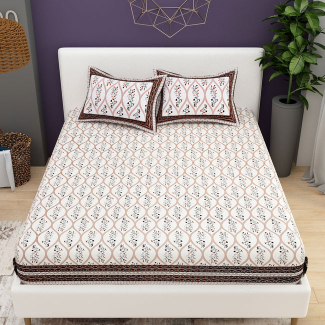 Pink White Ethnic Motifs Cotton 200TC King Bedsheet With 2 Zipper Pillow Covers - King Size by House of Ree Hover Image