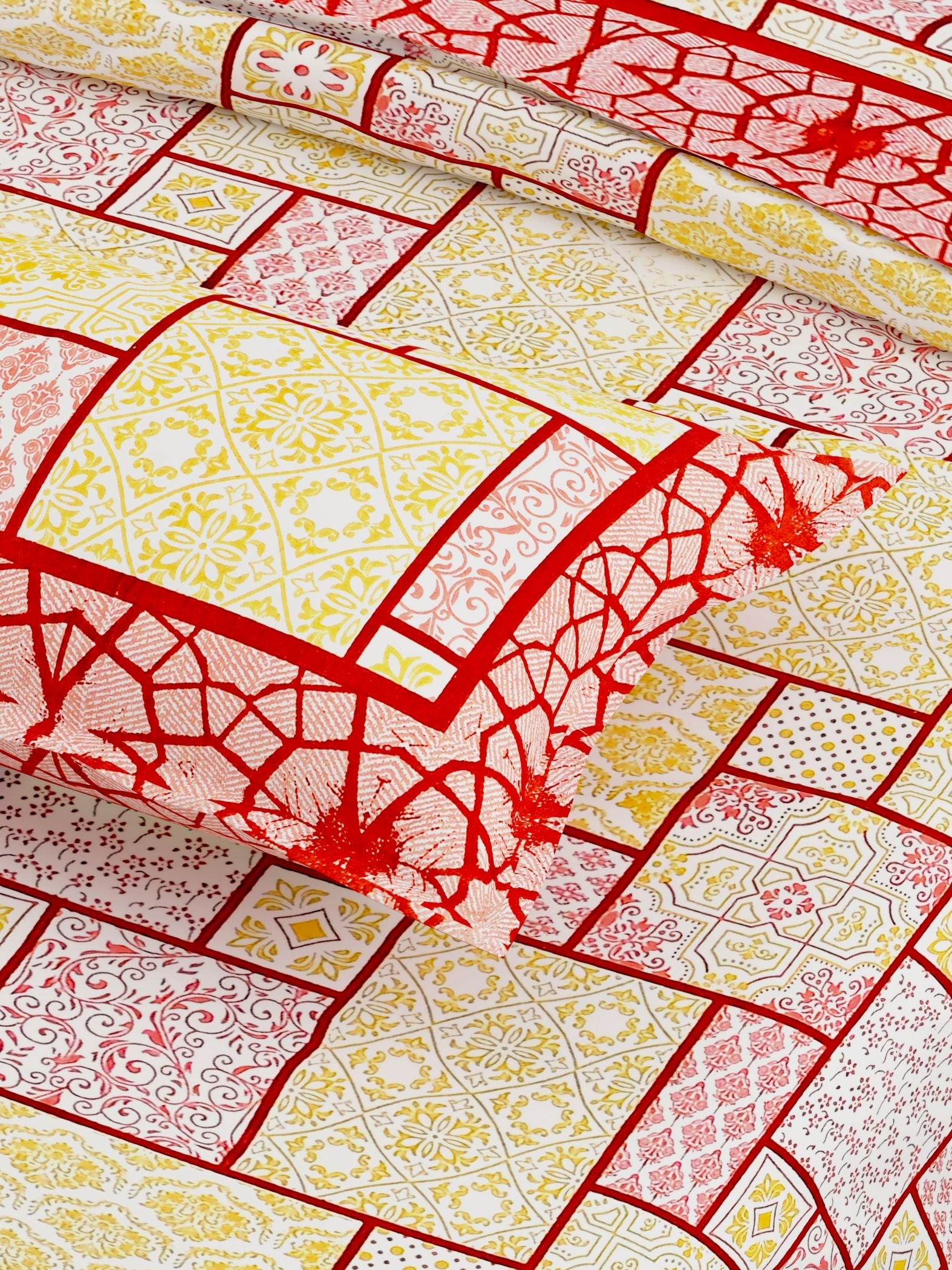 Red Yellow Ethnic Motifs Cotton 300TC King Bedsheet With 2 Zipper Pillow Covers - Super King Size by House of Ree