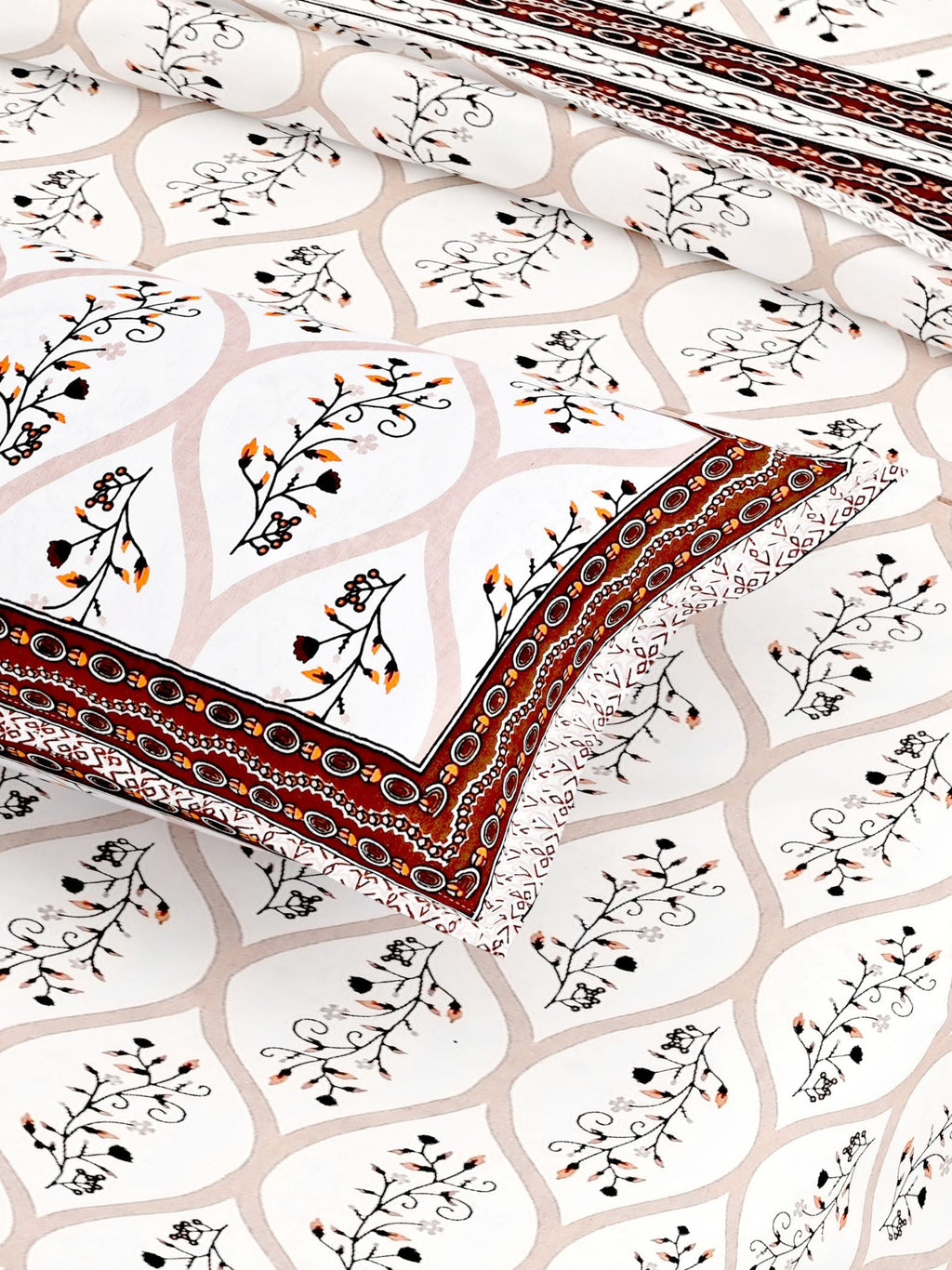 Pink White Ethnic Motifs Cotton 200TC King Bedsheet With 2 Zipper Pillow Covers - King Size by House of Ree