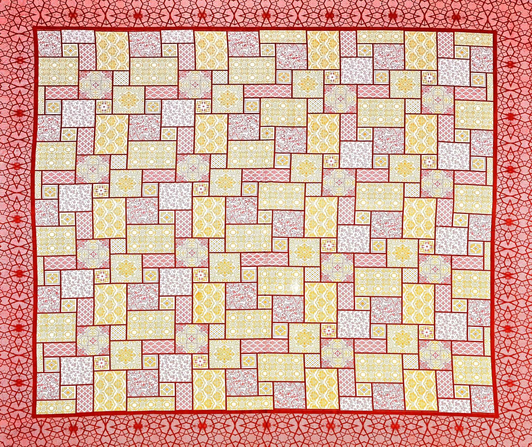 Red Yellow Ethnic Motifs Cotton 300TC King Bedsheet With 2 Zipper Pillow Covers - Super King Size by House of Ree