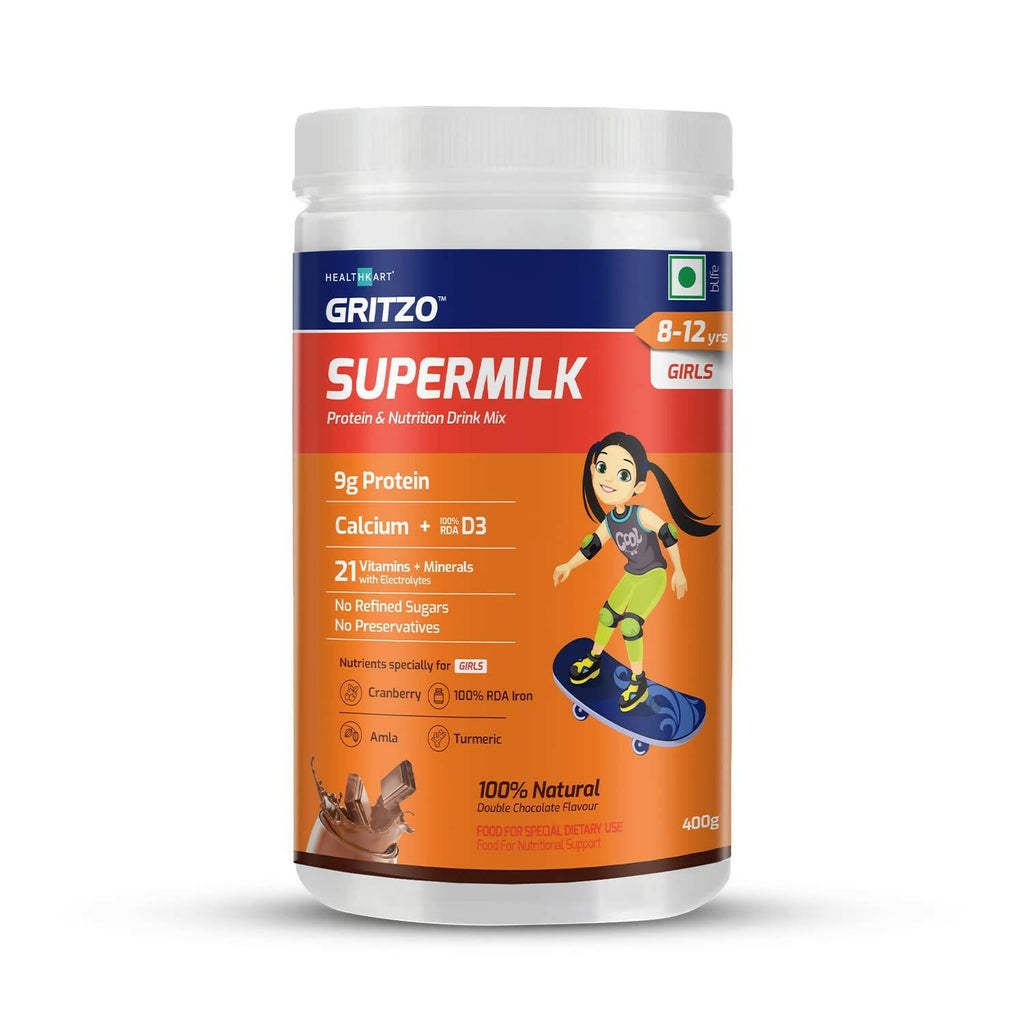 Gritzo SuperMilk Overall Growth (7-12y Girls), Zero Refined Sugar, 21 Vitamins & Minerals