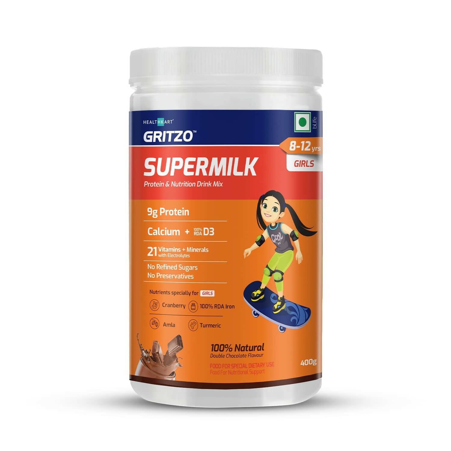 Gritzo SuperMilk Overall Growth (7-12y Girls), Zero Refined Sugar, 21 Vitamins & Minerals