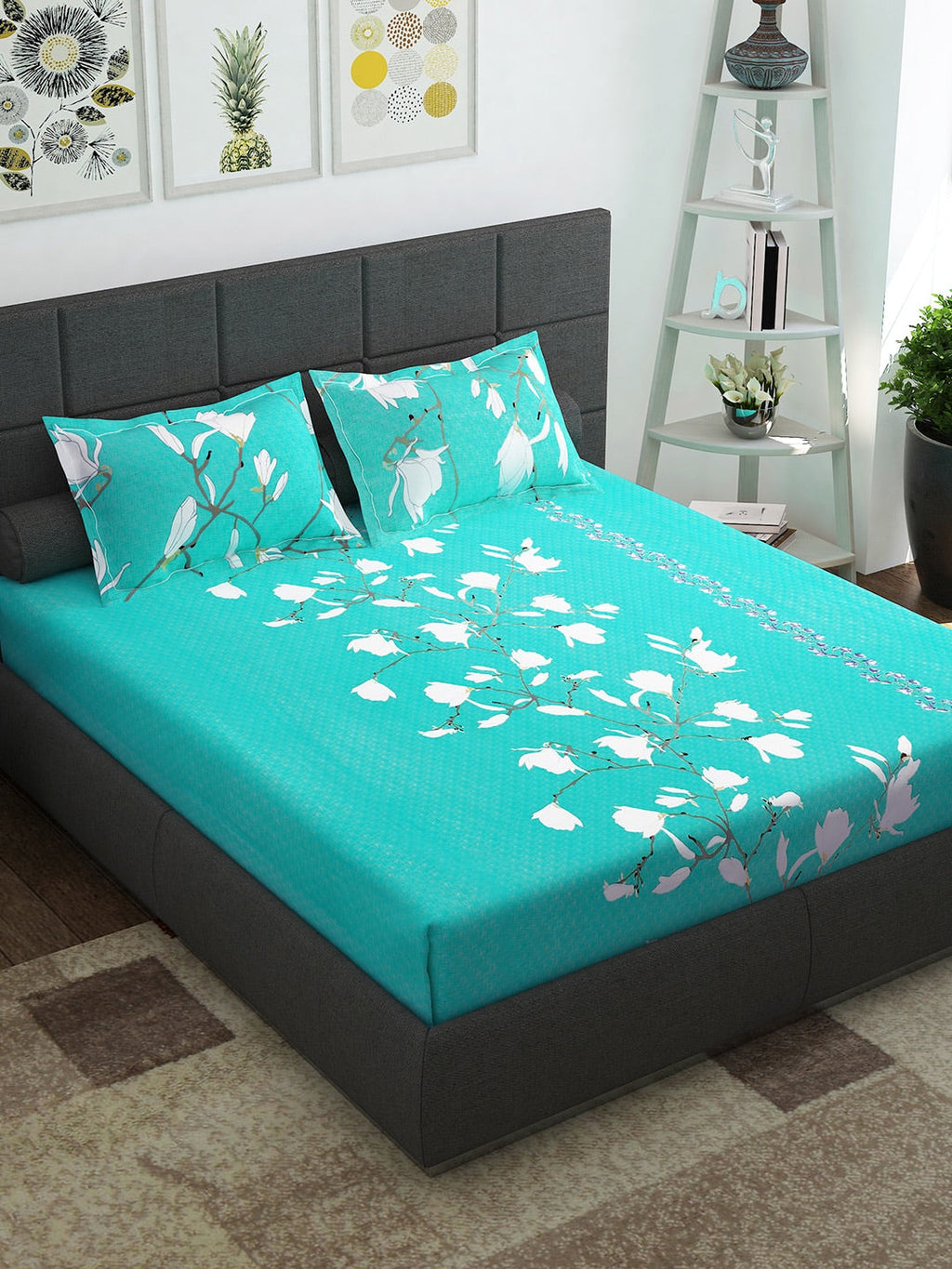 Story@home Sea Green & White Floral 152 TC Cotton 1 Queen Bedsheet with 2 Pillow Covers