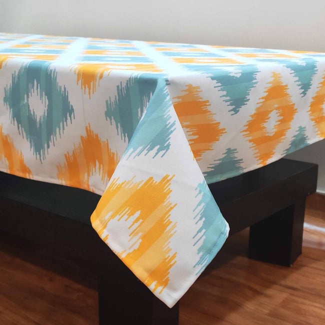 Stitchnest Ikat Yellow Teal Printed Poly Cotton Table Cover Main Image