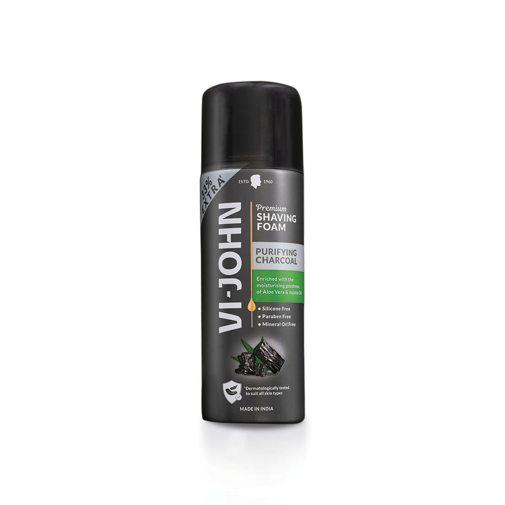 VI-JOHN Dermatologically Tested Premium Purifying Charcoal Shaving Foam Enriched with Aloevera & Jojoba Oil Free From Silicone, Paraben & Mineral Oil