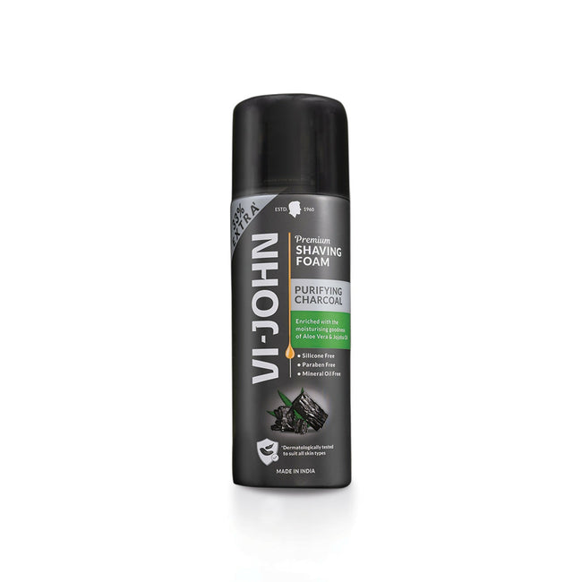 VI-JOHN Dermatologically Tested Premium Purifying Charcoal Shaving Foam Enriched with Aloevera & Jojoba Oil Free From Silicone, Paraben & Mineral Oil Hover Image