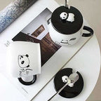 Panda Ceramic Mug with Ceramic Lid and Spoon(Random Design)-300 ML (Pack of 1)