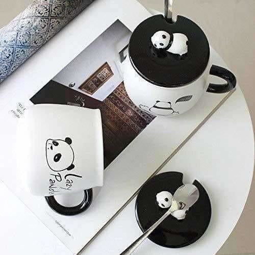 Panda Ceramic Mug with Ceramic Lid and Spoon(Random Design)-300 ML (Pack of 1)