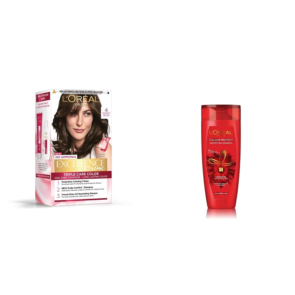 L'OREAL PARIS Excellence Creme Hair Color, 5 Light Brown/Natural Brown, 72Ml+100G And Color Protect Shampoo, 360Ml (With 10% Extra)