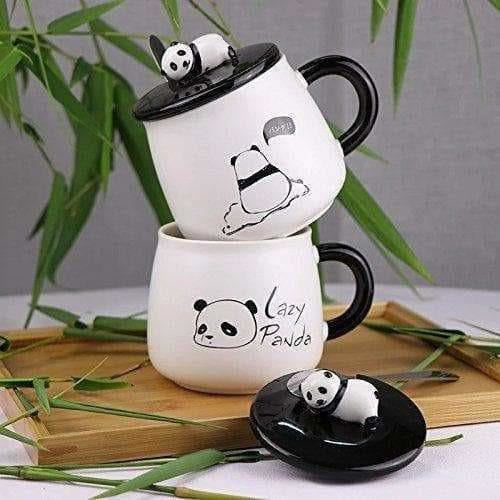 Panda Ceramic Mug with Ceramic Lid and Spoon(Random Design)-300 ML (Pack of 1)