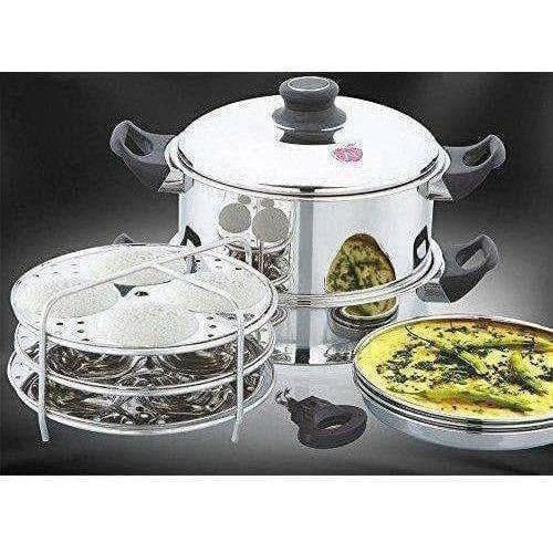Round Steamer with Fry Pan,Steamer Idly & Dhokla Plate Hover Image