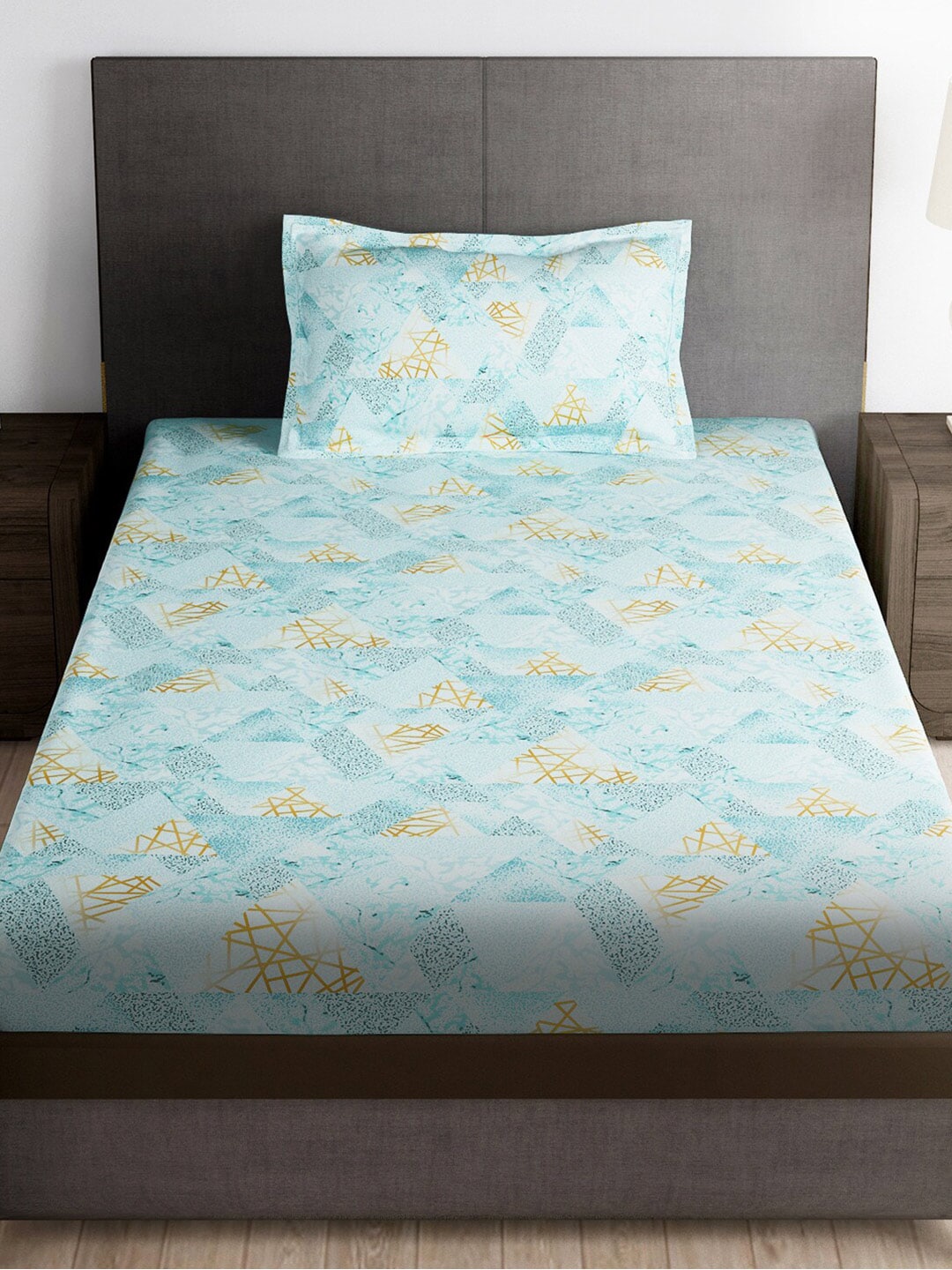 Story@home Blue & Yellow Printed Microfiber 180 TC Bedsheet With Pillow Cover