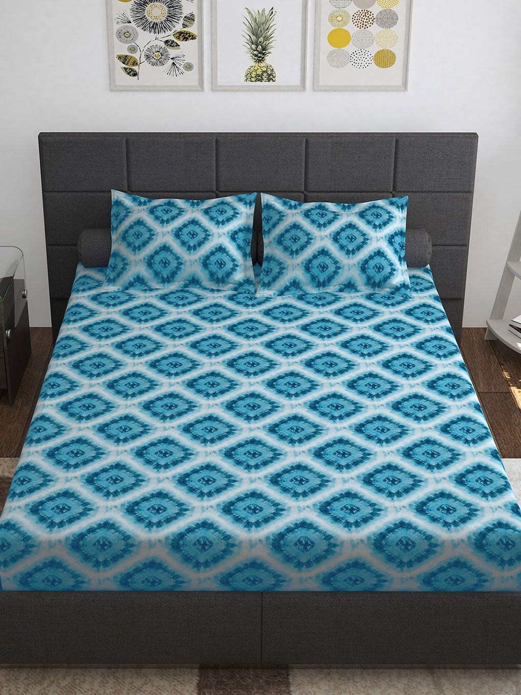 Story@home Blue & Pink Ethnic Motifs Pure Cotton 152TC Queen Bedsheet With 2 Pillow Covers