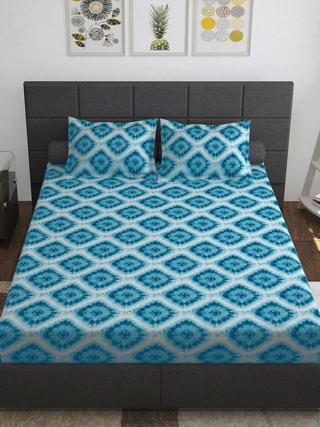Story@home Blue & Pink Ethnic Motifs Pure Cotton 152TC Queen Bedsheet With 2 Pillow Covers Main Image
