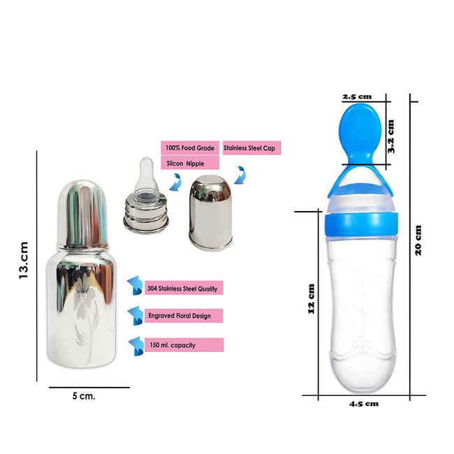 Goodmunchkins Stainless Steel Feeding Bottle & Spoon Food Feeder Anti Colic Silicone Nipple Combo-(Blue, 150ml) Main Image
