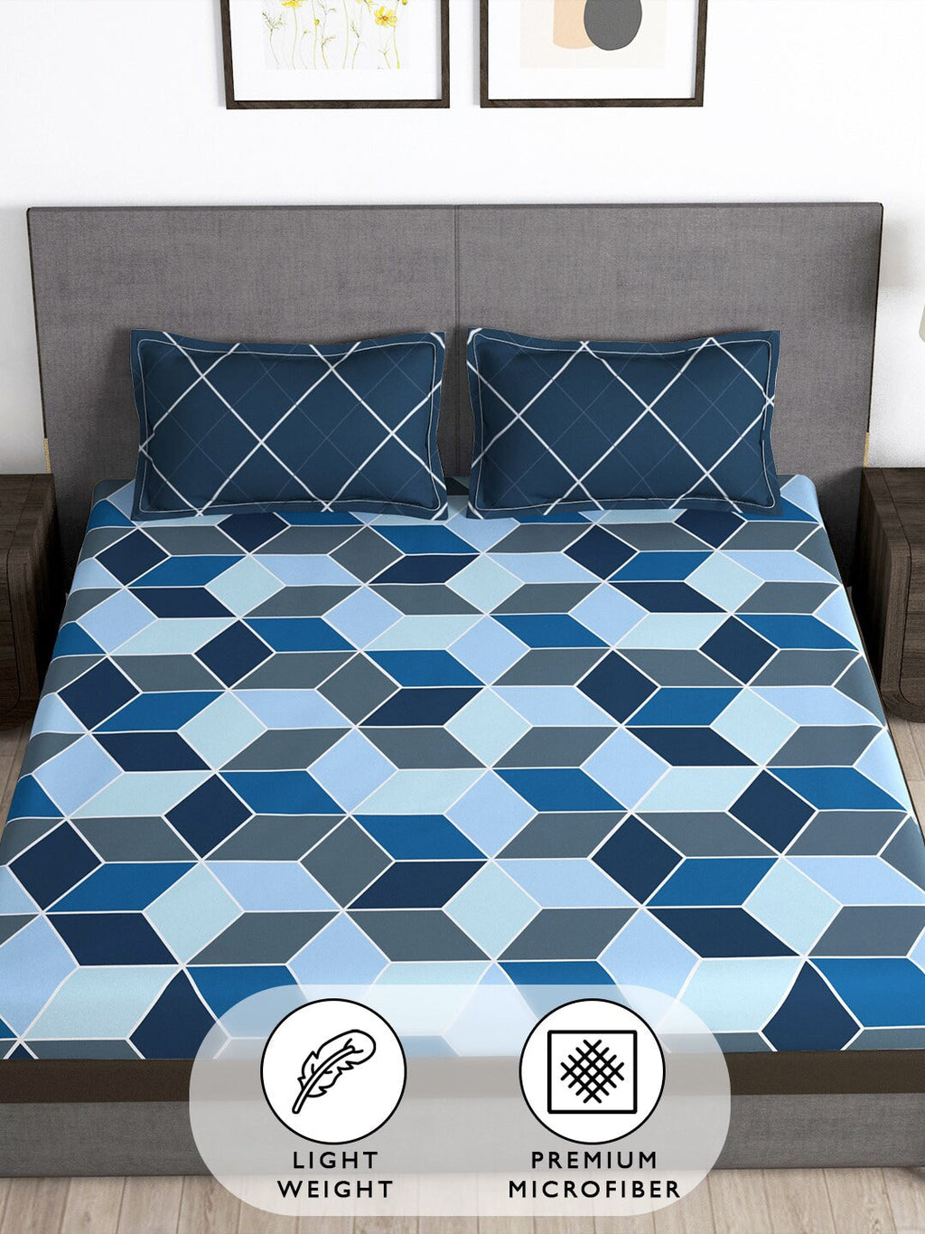 Story@home Arena Blue & Grey Geometric Printed 180 TC Queen Bedsheet & 2 Pillow Covers