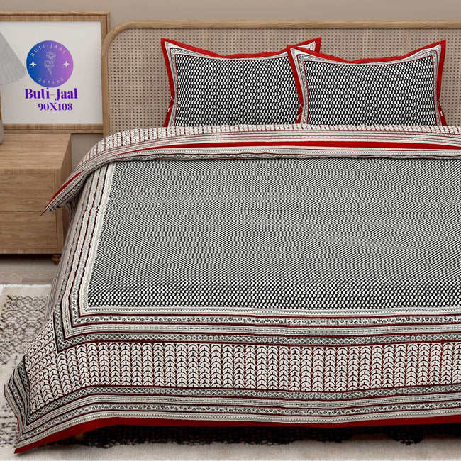 Red Brown Handblock Printed Cotton 200TC King Bedsheet With 2 Zipper Pillow Covers - King Size by House of Ree Hover Image