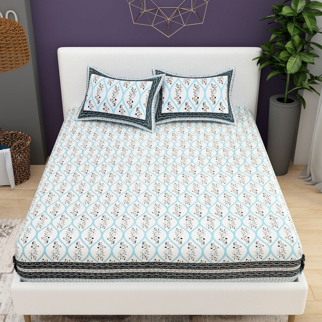 Yellow White Ethnic Motifs Cotton 200TC King Bedsheet With 2 Zipper Pillow Covers - King Size by House of Ree