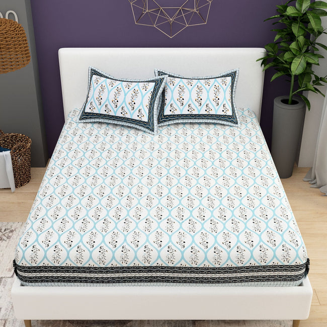 Yellow White Ethnic Motifs Cotton 200TC King Bedsheet With 2 Zipper Pillow Covers - King Size by House of Ree Hover Image