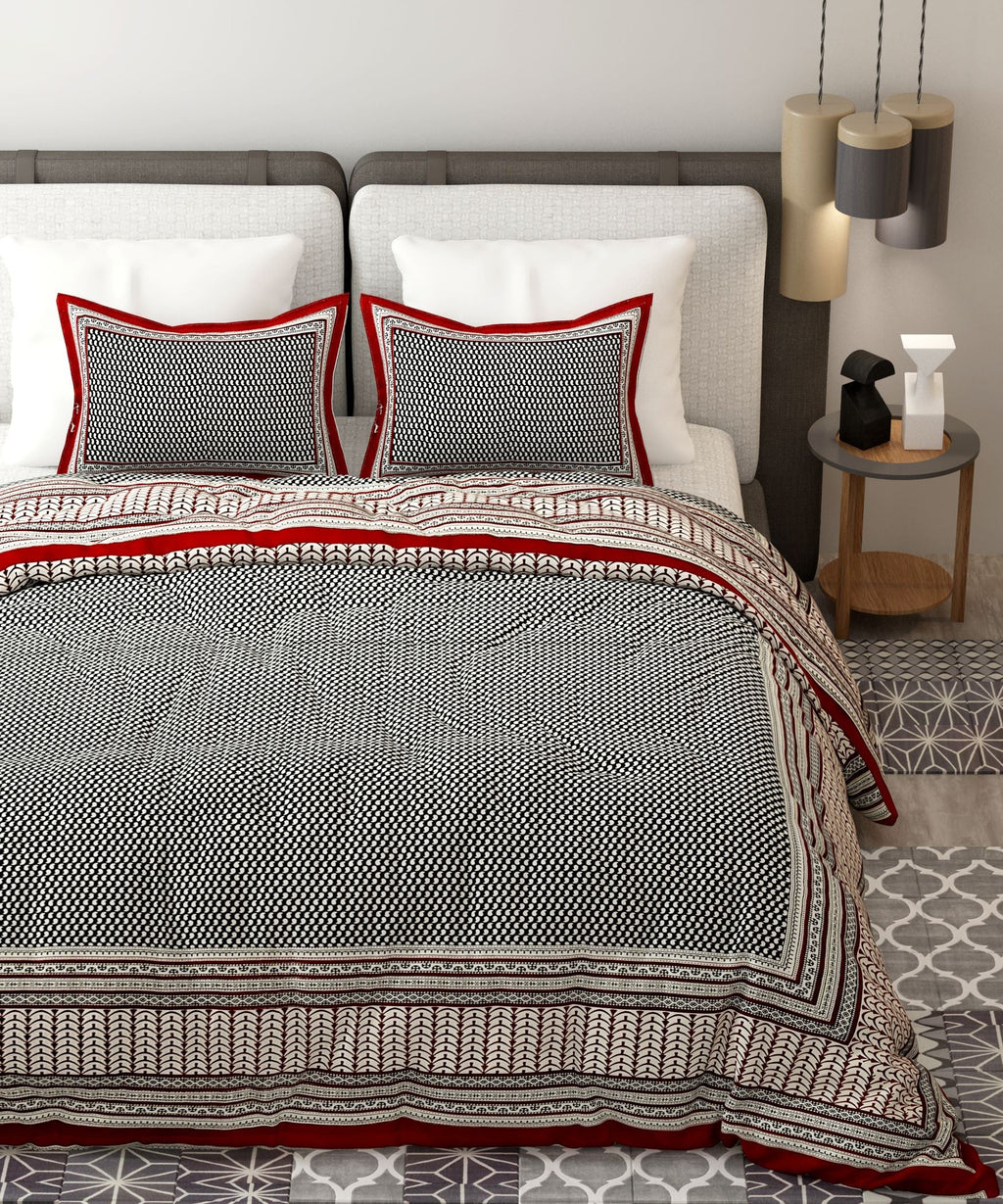 Red Brown Handblock Printed Cotton 200TC King Bedsheet With 2 Zipper Pillow Covers - King Size by House of Ree