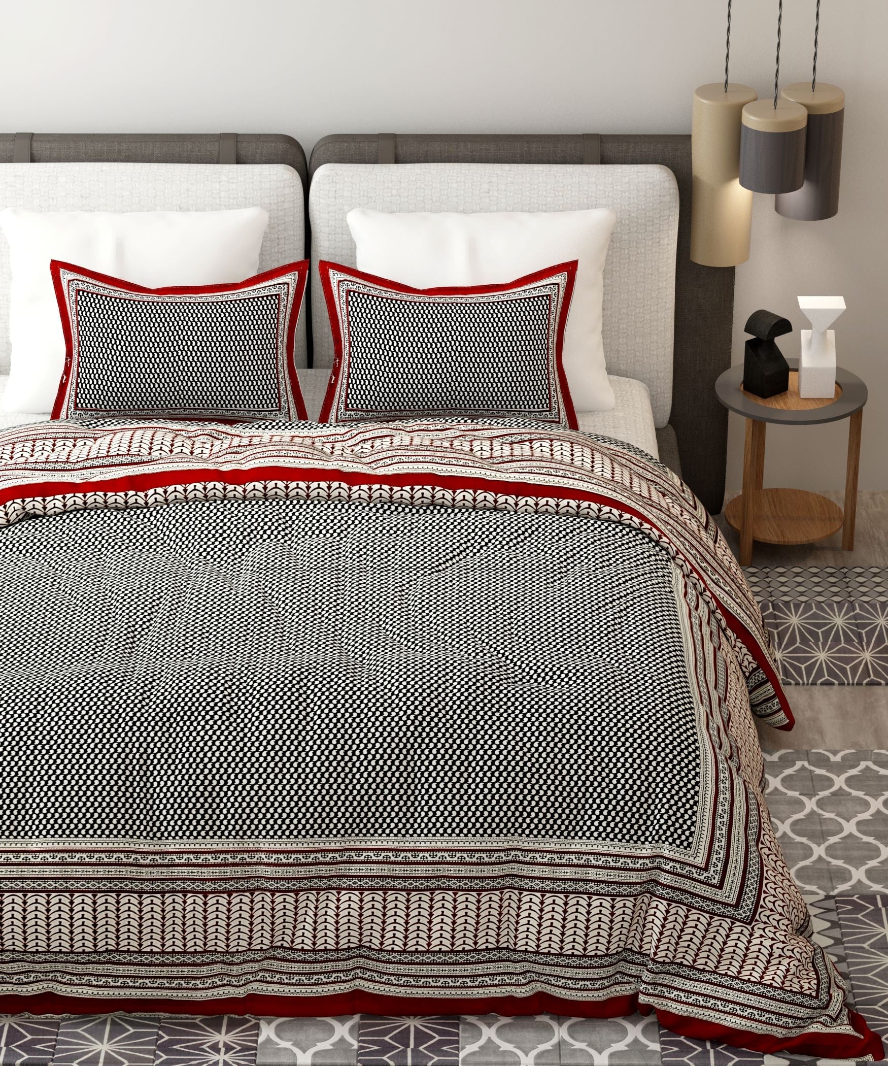 Red Brown Handblock Printed Cotton 200TC King Bedsheet With 2 Zipper Pillow Covers - King Size by House of Ree