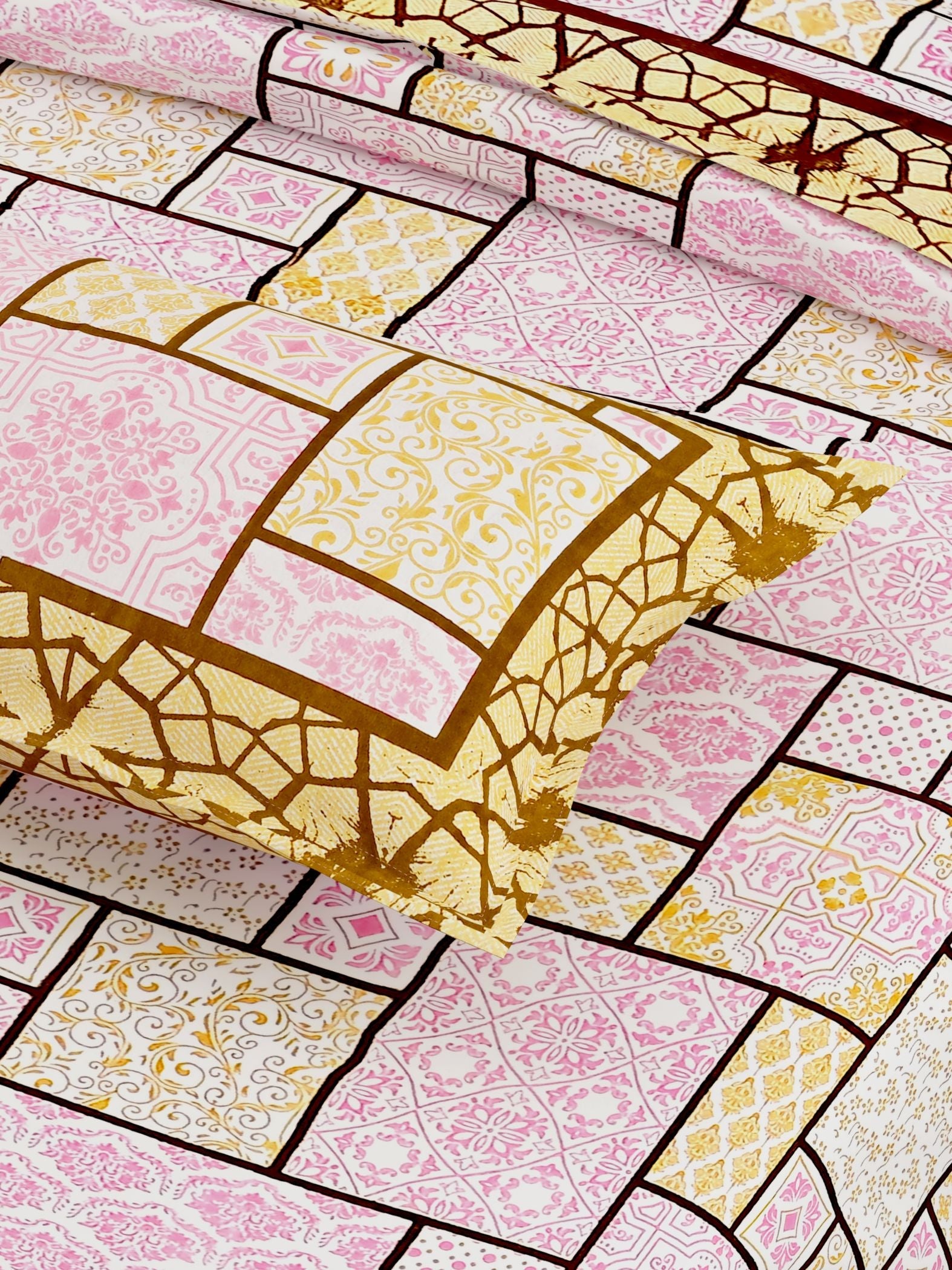 Yellow Brown Ethnic Motifs Cotton 300TC King Bedsheet With 2 Zipper Pillow Covers - Super King Size by House of Ree