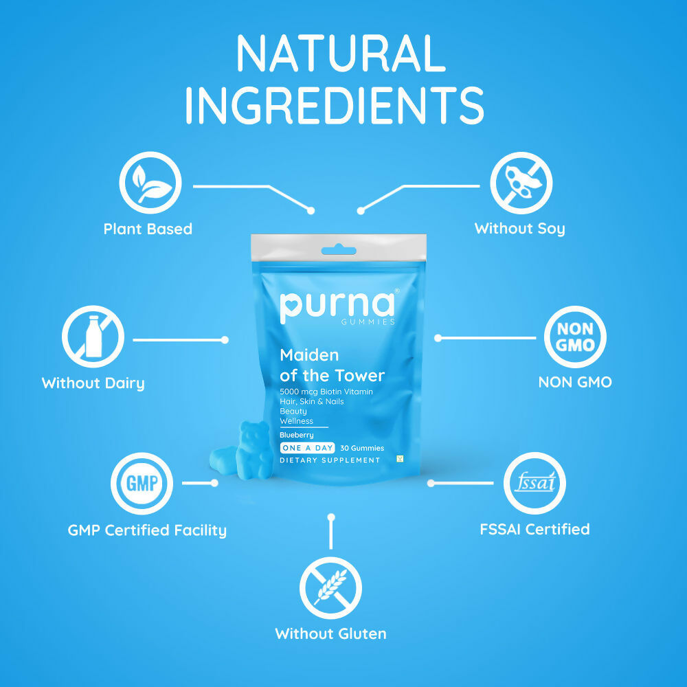 Purna Gummies Biotin Blueberry Flavour Gummies with Vitamin B 12 for Stronger Hair and Nails