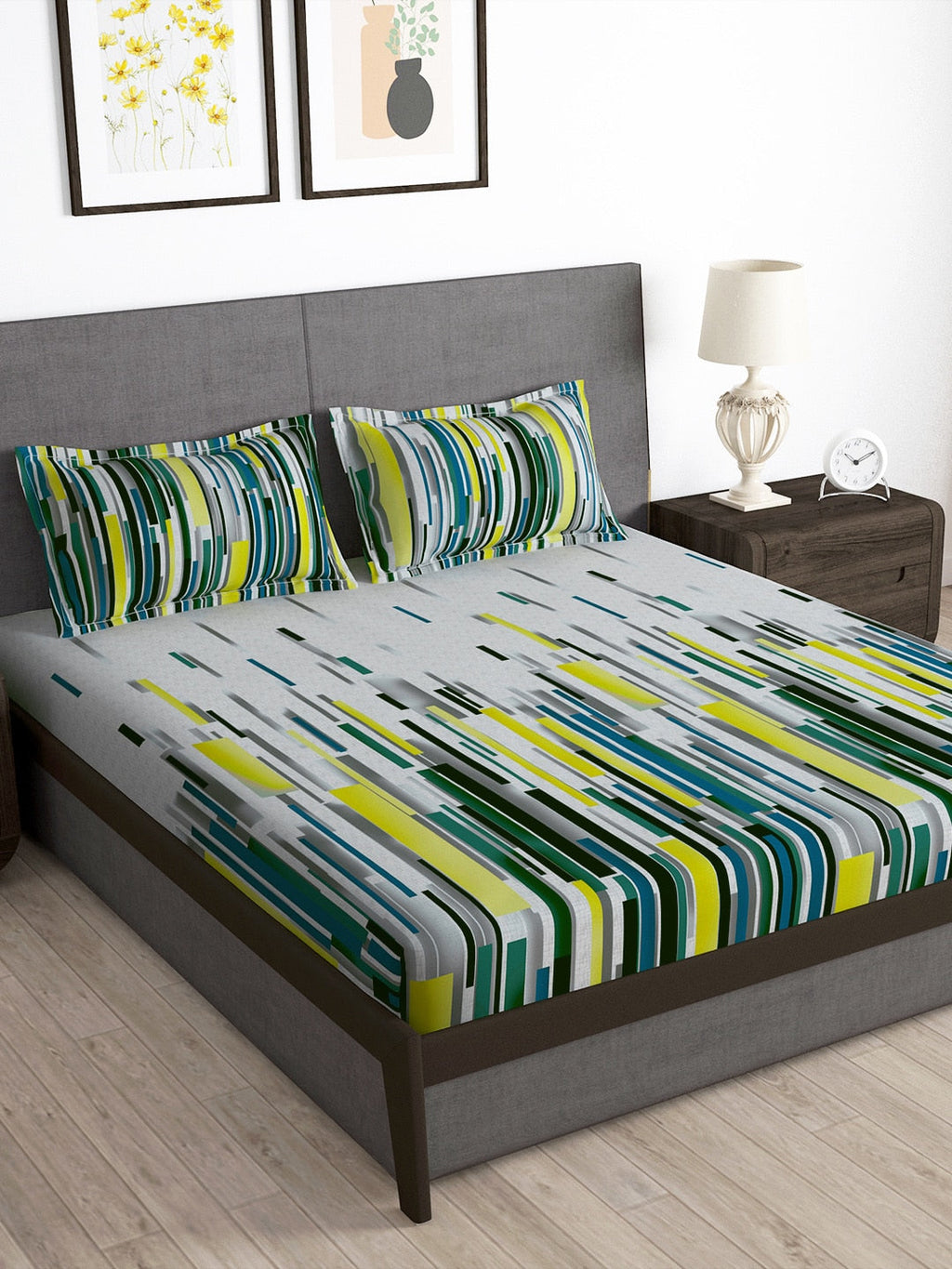 Story@home Arena White & Grey Printed 180 TC Bedsheet & Pillow Covers