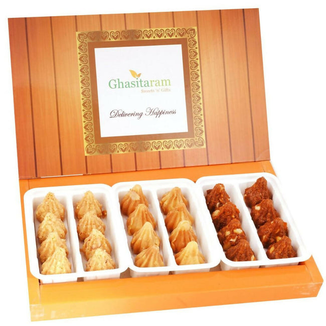 Ghasitaram Assorted Box of Milk Cake, Dodha Barfi, Mysore Pak Modaks Hover Image
