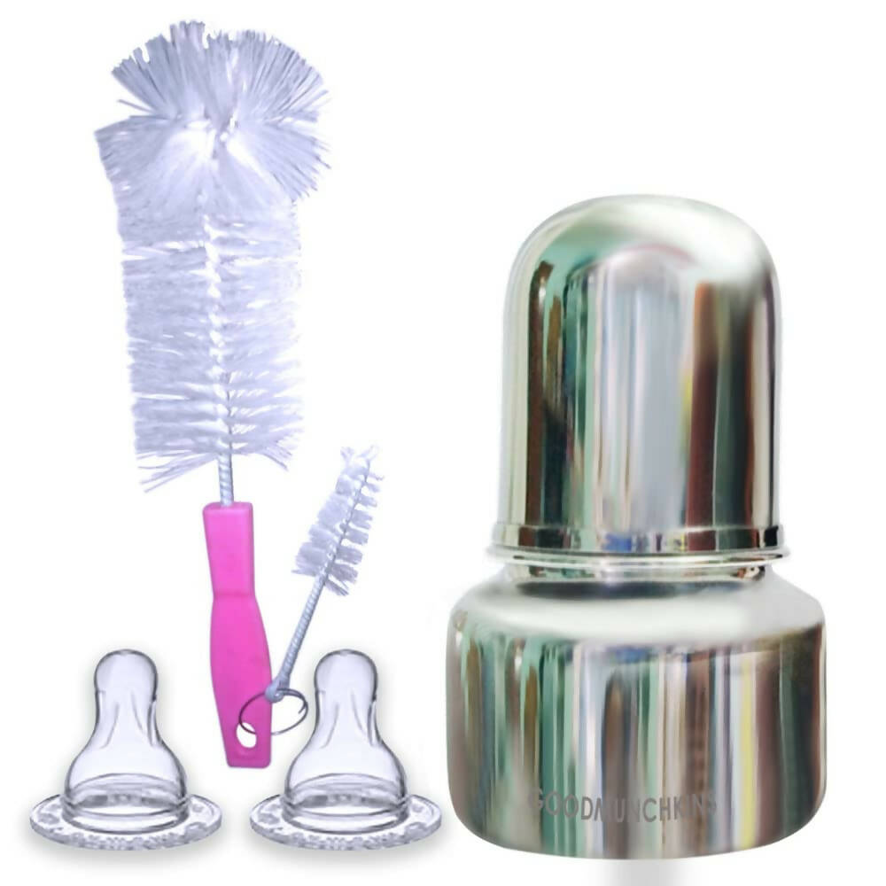 Goodmunchkins Stainless Steel Feeding Bottle with Anti Colic Silicone Nipple/Bottle Cleaning Nylon Brush (75ml, Pink)