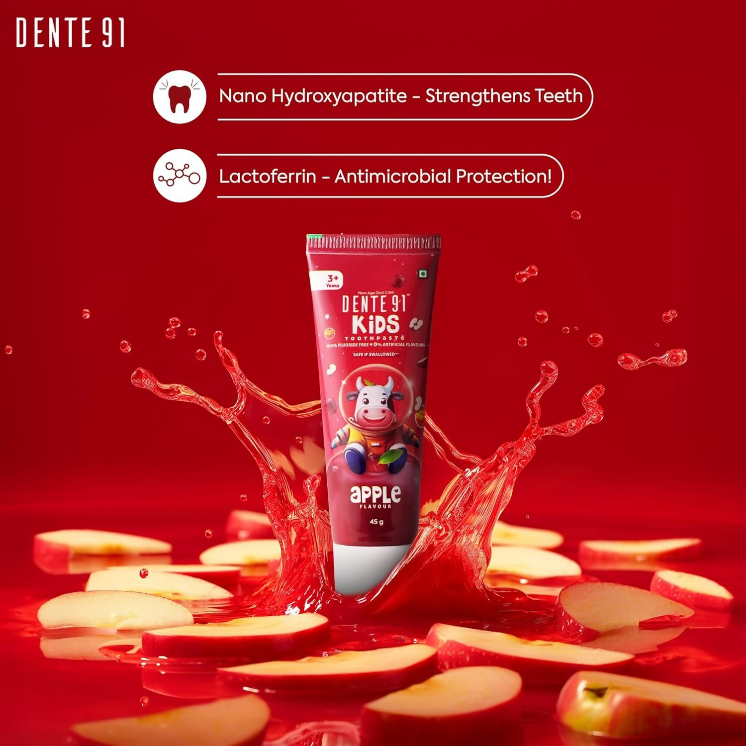 Dente91 Kids Toothpaste Protects Against Dental Caries & Hypersensitivity Fluoride Free Apple Flavour