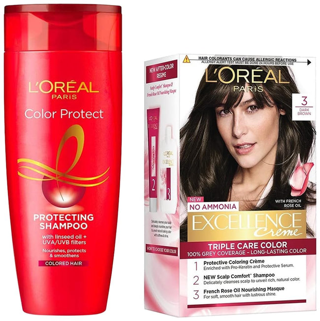 L'OREAL PARIS Excellence Creme Hair Color, 5 Light Brown/Natural Brown, 72Ml+100G And Color Protect Shampoo, 360Ml (With 10% Extra) Hover Image