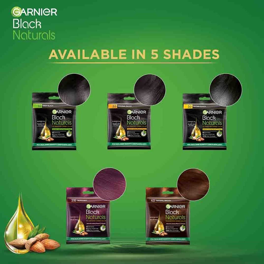 Garnier Black Naturals Hair Color, 100% Grey Coverage, Deep Black 20g+20ml