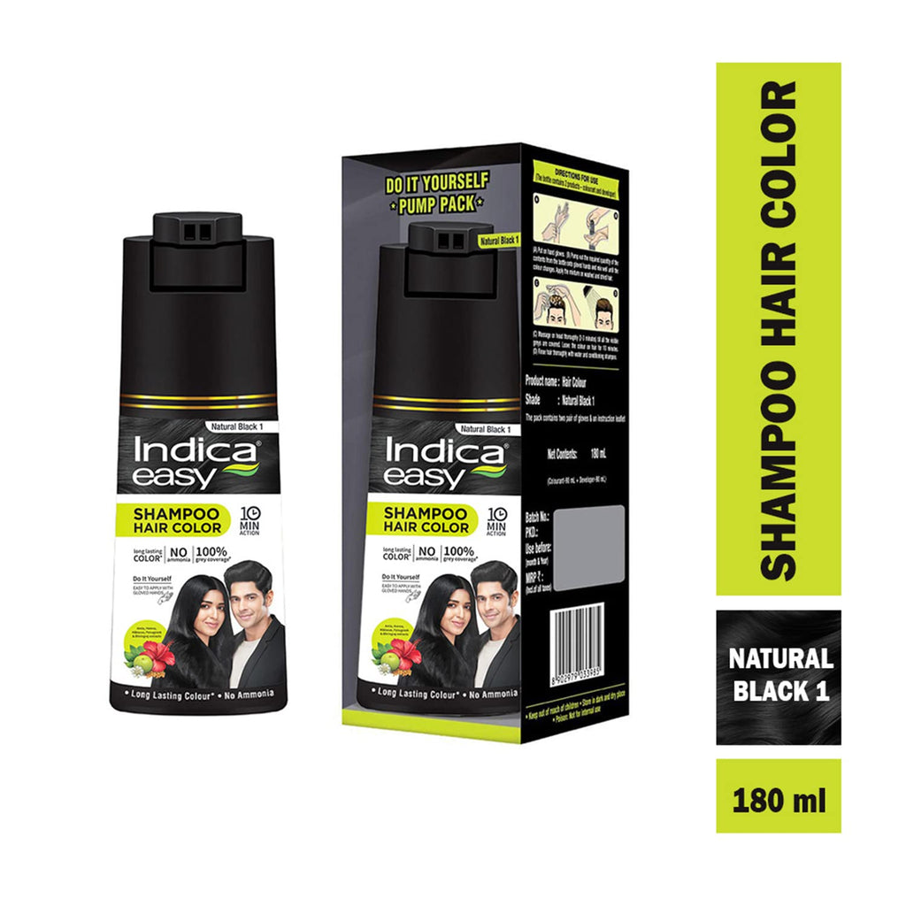 Indica Natural Black Hair Color Shampoo, Ammonia-Free, 180ml, Gloves Included