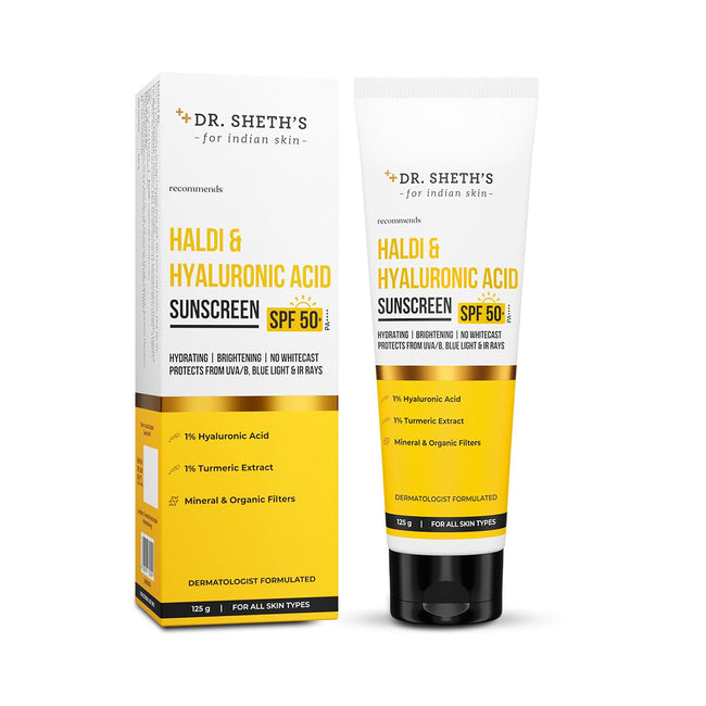 Dr. Sheth's Haldi & Hyaluronic Acid Sunscreen SPF 50+ | UVA/UVB & Blue Light Protection | Hydrating Main Image