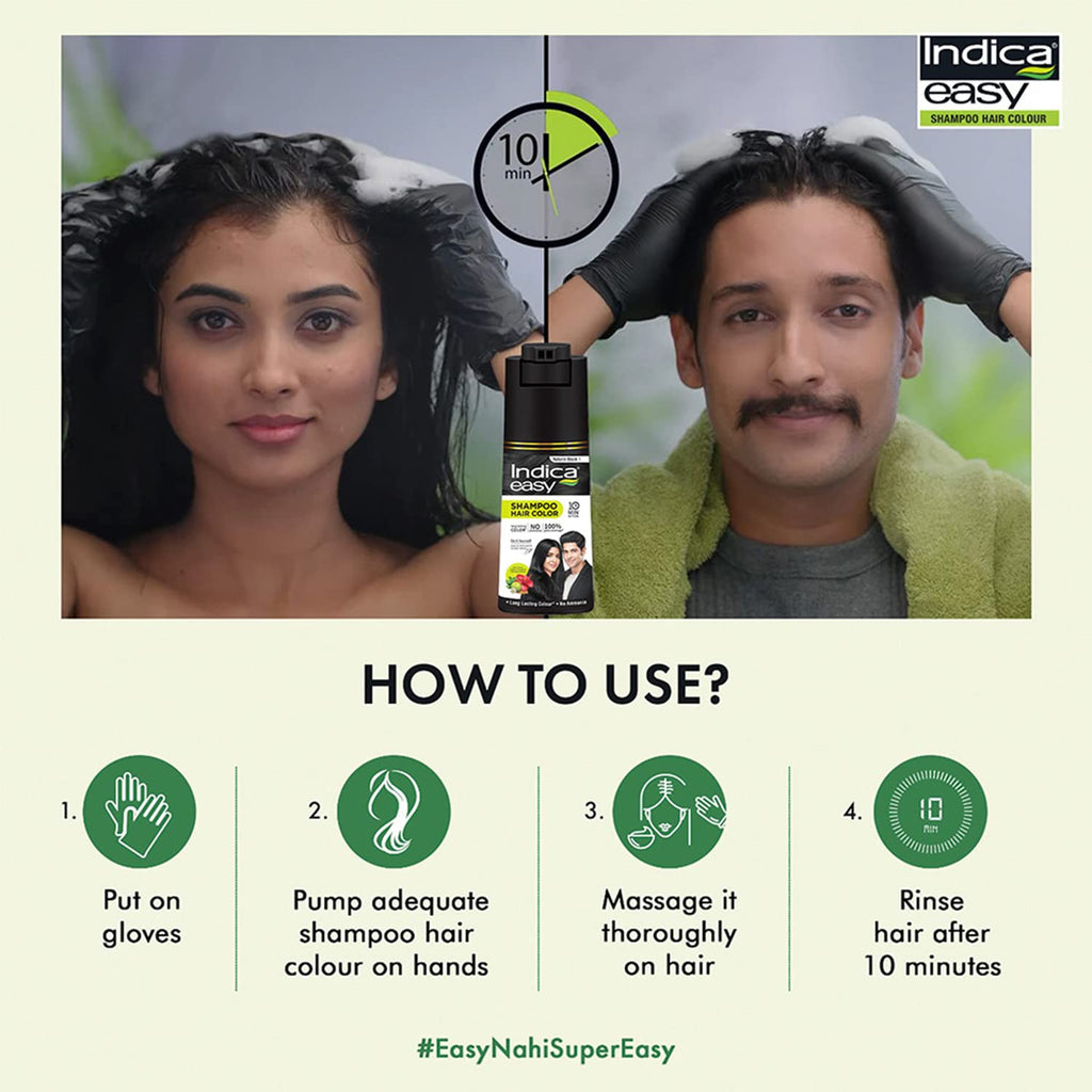 Indica Natural Black Hair Color Shampoo, Ammonia-Free, 180ml, Gloves Included