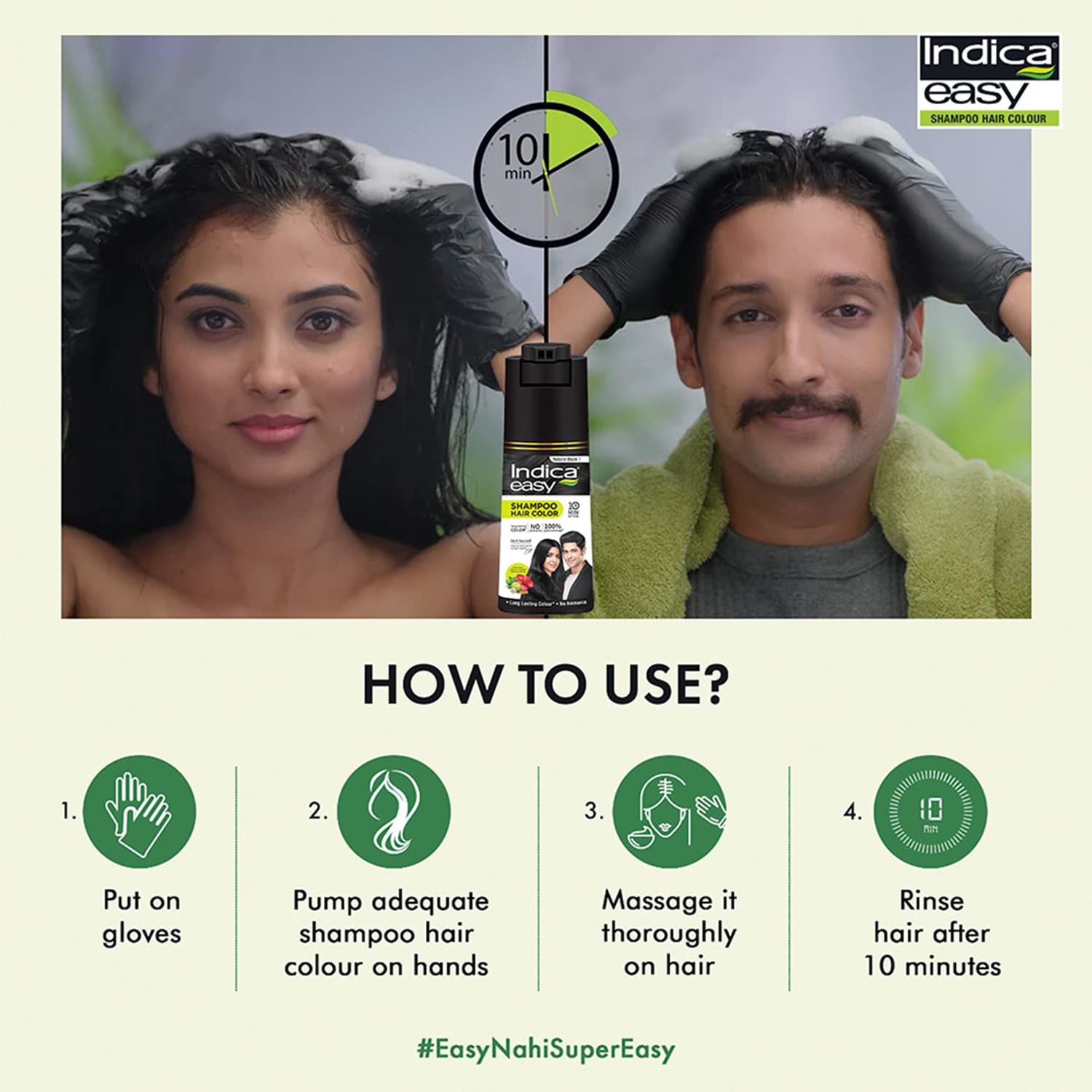 Indica Natural Black Hair Color Shampoo, Ammonia-Free, 180ml, Gloves Included