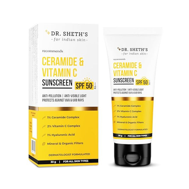Dr. Sheth's Ceramide & Vitamin C Sunscreen SPF 50+ PA+++ | UVA UVB Protection | All Skin Types Hover Image
