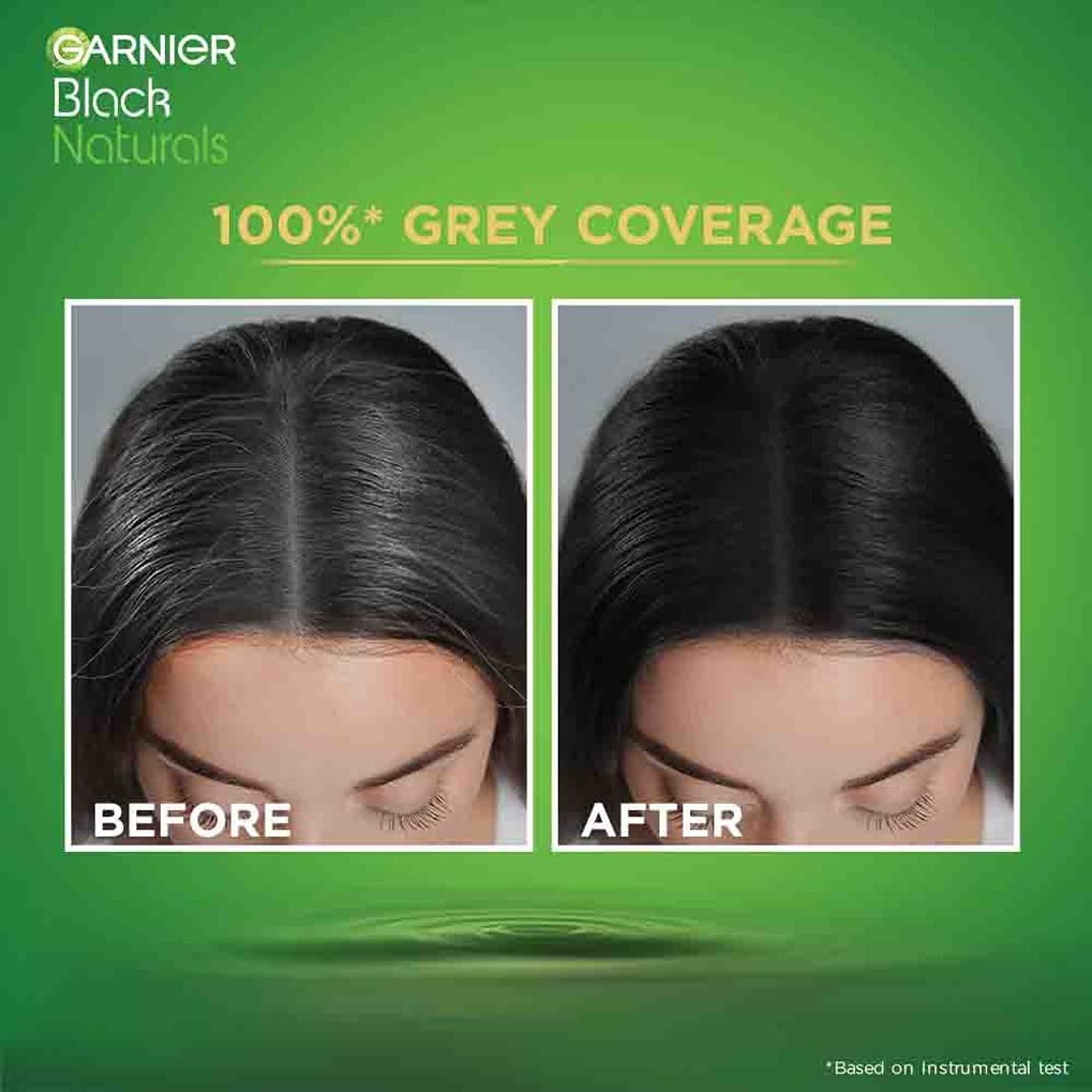 Garnier Black Naturals Hair Color, 100% Grey Coverage, Deep Black 20g+20ml