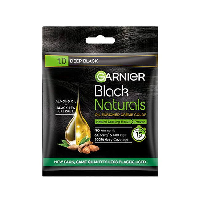 Garnier Black Naturals Hair Color, 100% Grey Coverage, Deep Black 20g+20ml Hover Image