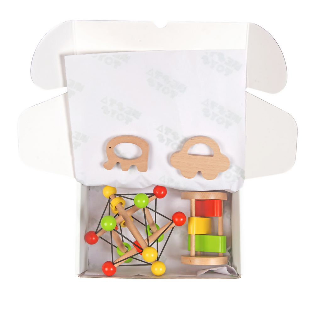 Nesta Toys Newborn Gift Set - Wooden Skwish Rattle, Clacker Rattle, Elephant & Car Teether